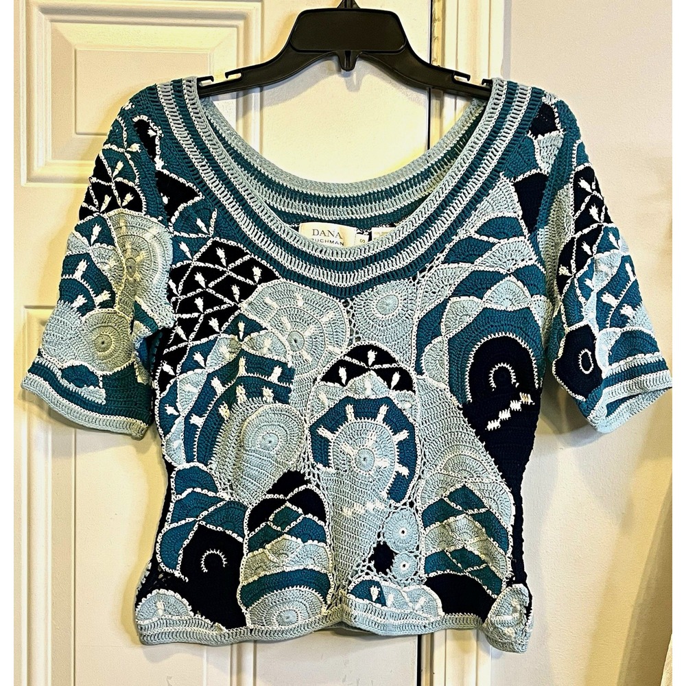 VTG 90s Y2K Dana Buchman Crochet Top S Teal Blue Mosaic Patchwork Whimsigoth
